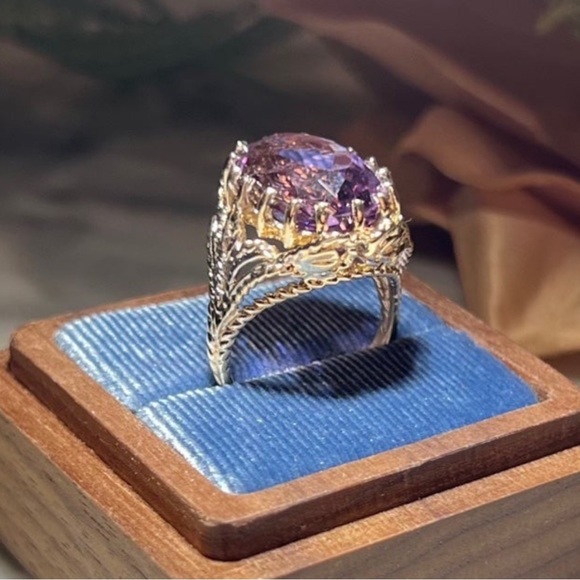 Vintage Estate Giant Amethyst Ring Solid 14k Gold caged prongs Filigree Ring 14K - Picture 6 of 16